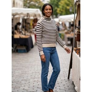 Mos Mosh Lin Stripe Knit Wool Blend Mock Neck Sweater Navy Ecru Large